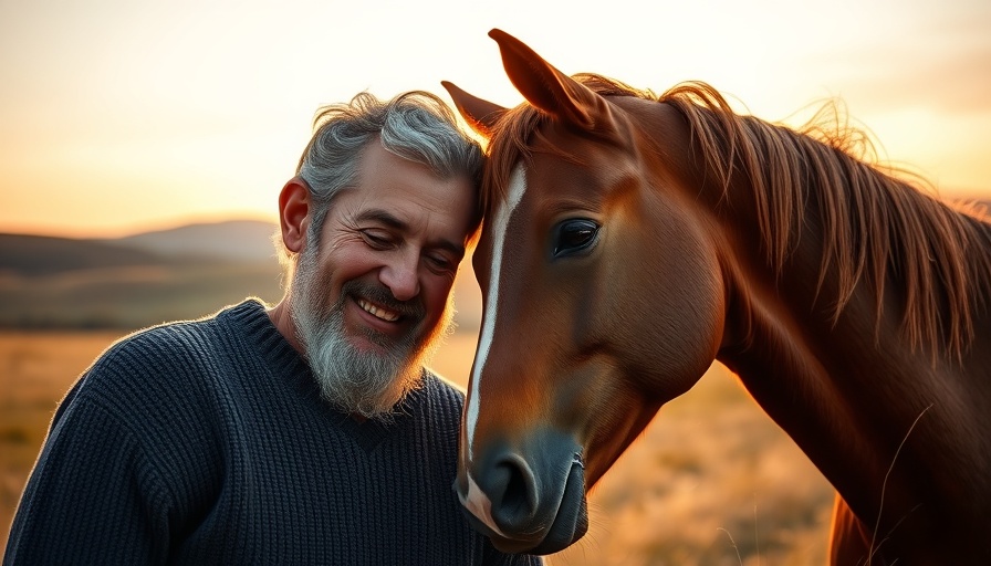 Equine-assisted therapy for PTSD: a senior man bonding with a horse outdoors.