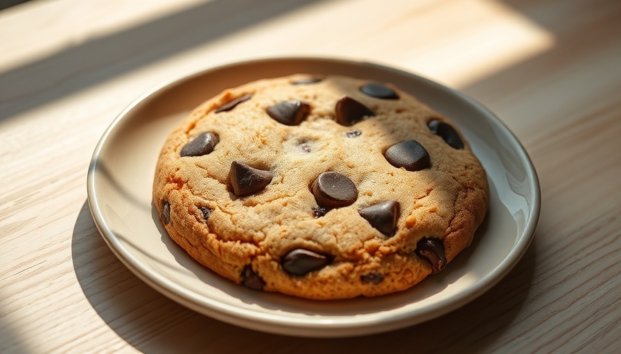 Healthy single-serve chocolate chip cookie on plate with sunlight