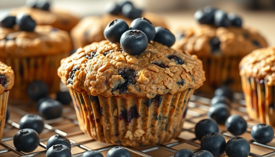 Healthy blueberry oatmeal muffins cooling, fresh ingredients.