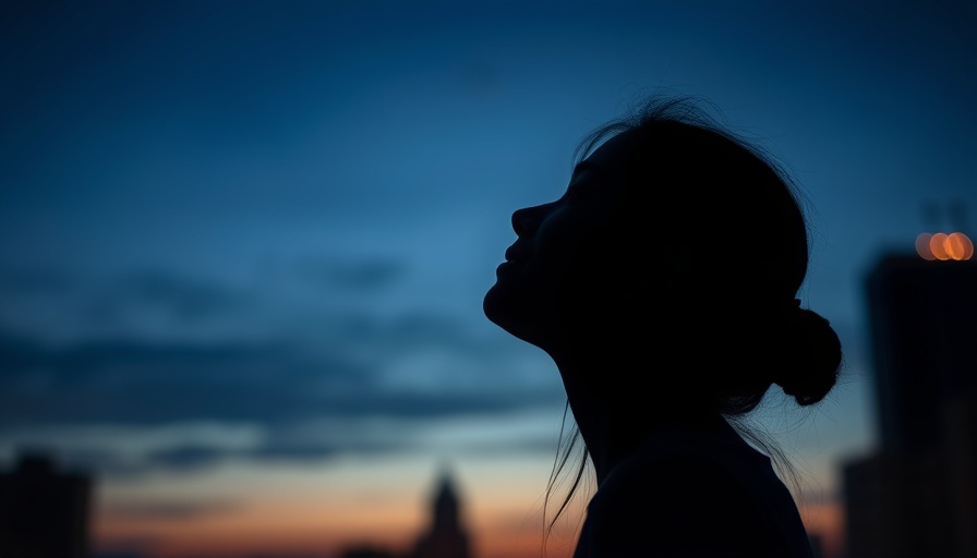 Silhouette of a woman gazing upward during twilight, serene sky.