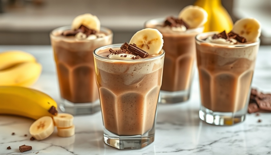 Chocolate Peanut Butter Banana Smoothie garnished with bananas and chocolate.