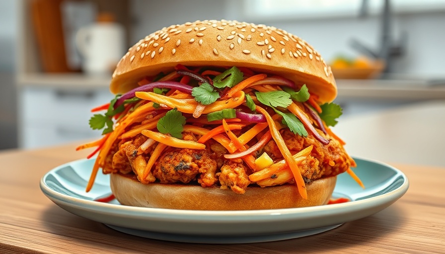 Gochujang chicken sandwich with vibrant slaw on a seeded bun.