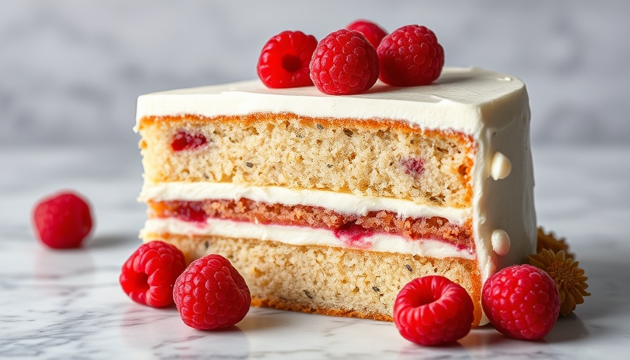 Almond Lemon Raspberry Poppy Seed Cake slice with raspberries.