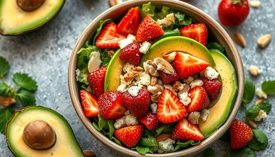 Summer Strawberry Spinach Salad with Avocado, almonds, and cheese in a bowl.