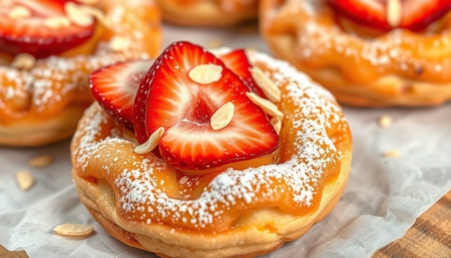 Golden pastries topped with strawberries and almonds, perfect for healthy strawberry recipes.