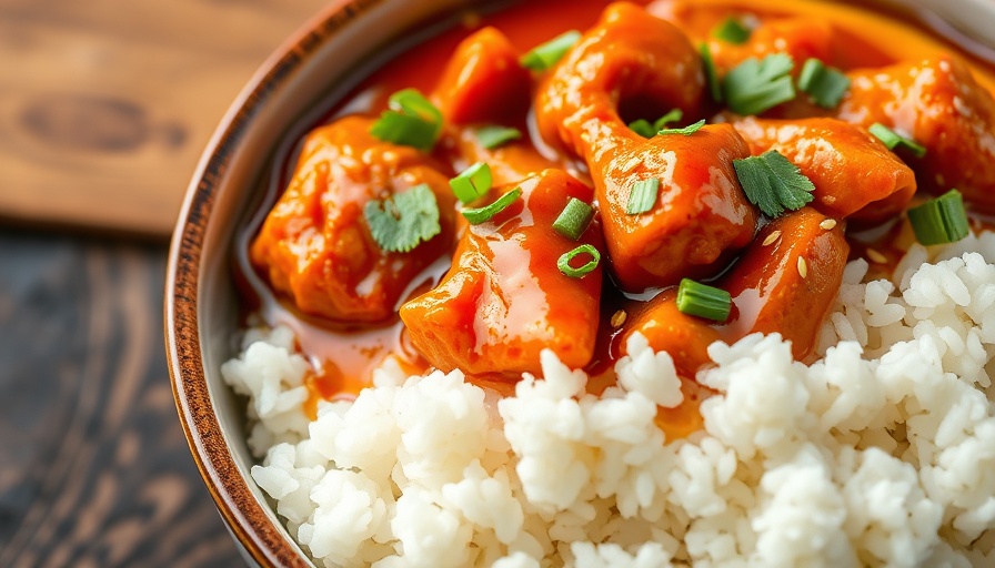Sweet and Spicy Gochujang Chicken Bowl over rice with fresh garnishes.