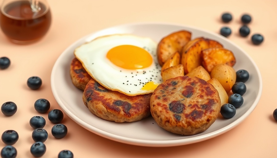 Maple Blueberry Turkey Sausage Breakfast Patties with eggs and potatoes.