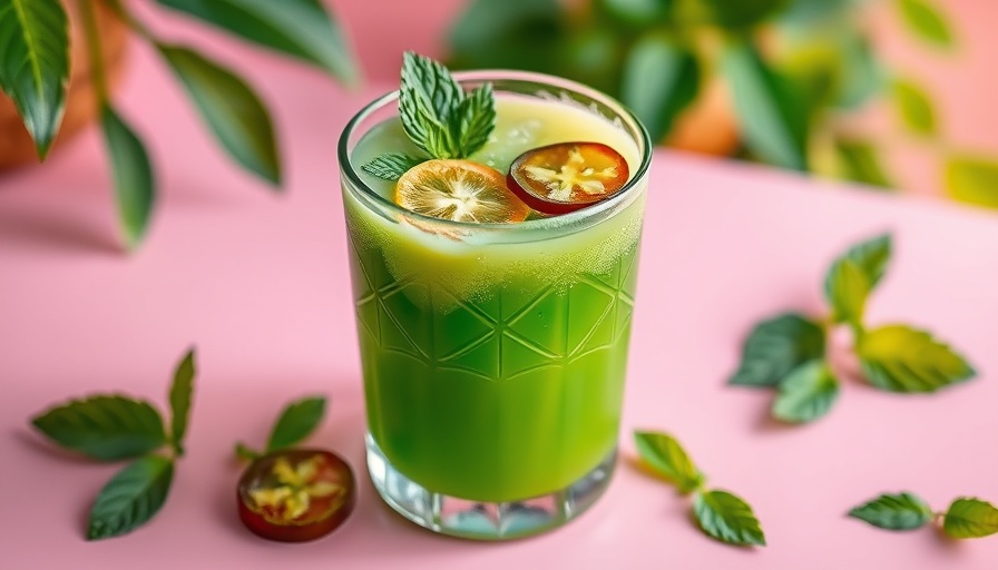 Vibrant spiked tropical green juice in a textured glass.