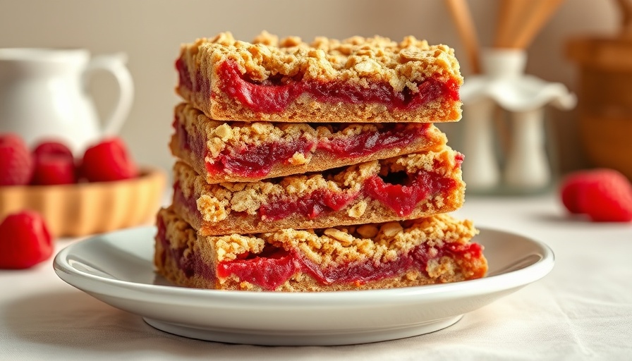Raspberry bars with oatmeal cookie crumble stacked on a plate.