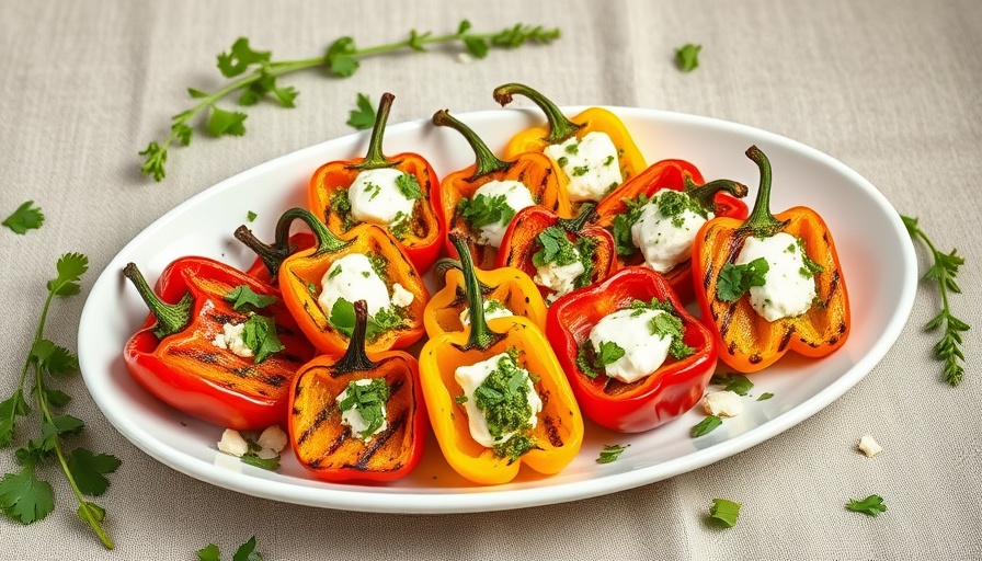 Grilled mini sweet peppers with goat cheese and pesto on white platter.