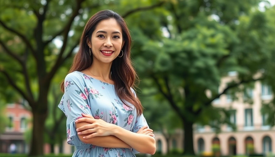 Confident woman outdoors in a floral dress smiling, lush background.