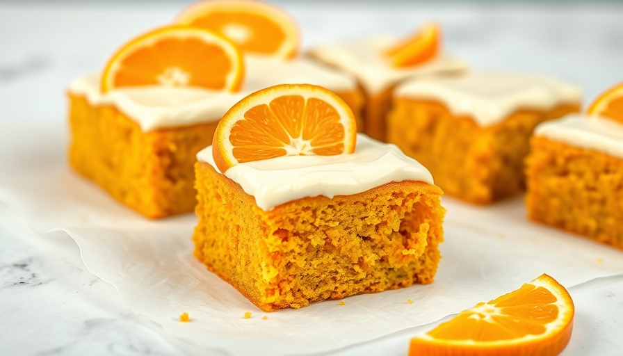 Moist orange zucchini cake recipe with sliced oranges and icing.