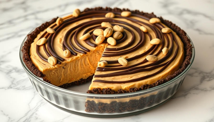 No Sugar Added Vegan Peanut Butter Pie with chocolate swirl and peanuts.
