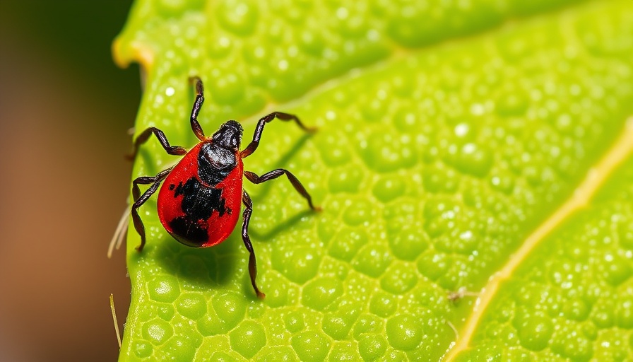 Tick crawling on a green leaf, macro focus in natural light.