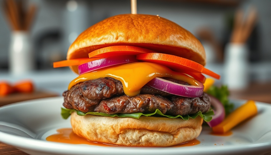 Juicy burger with fresh toppings, ideal for seasonal recipes to cook in June.