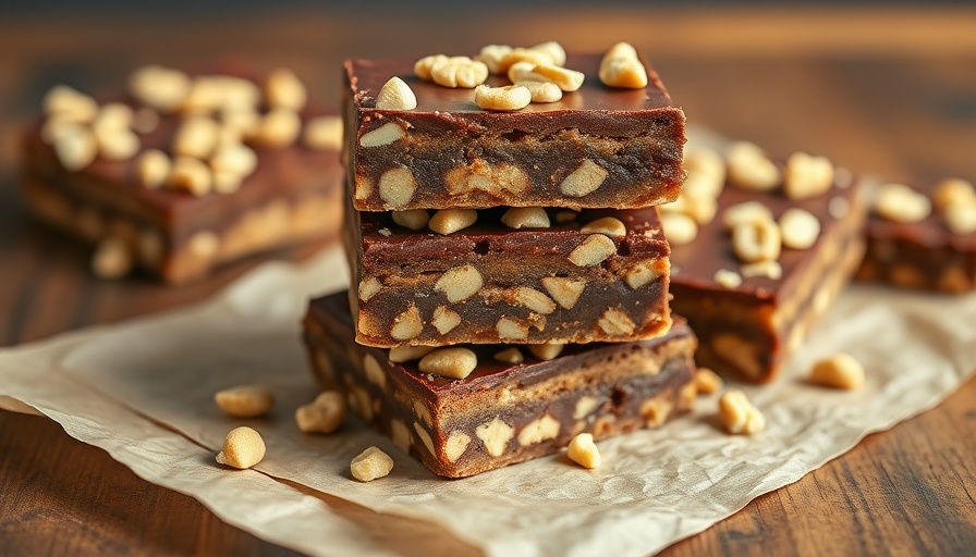 Healthy no-bake chocolate peanut butter bars stacked with chopped peanuts.