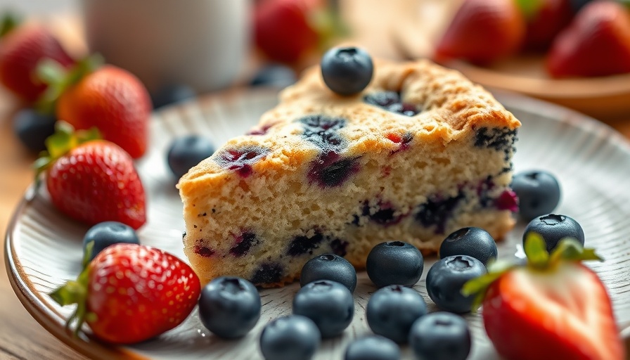 Blueberry protein pancake breakfast cake with fresh berries on a plate