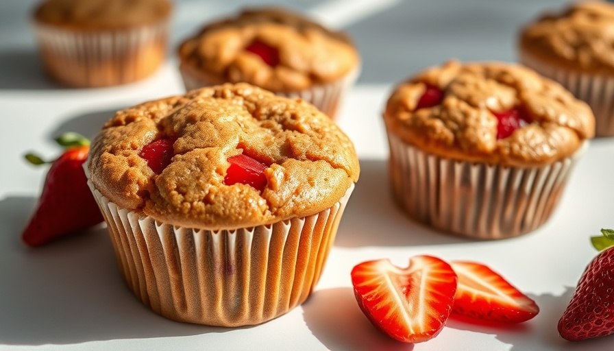 Healthy Vegan Peanut Butter Strawberry Muffins on a white surface.
