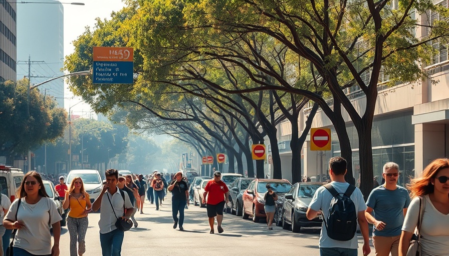 Street scene depicting extreme heat public health initiatives with visible heat haze.