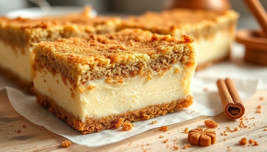 High-protein cinnamon sugar cheesecake bars with creamy layers.