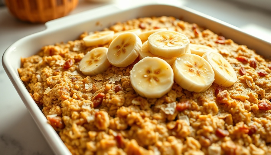 Golden salted brown butter banana zucchini baked oatmeal with banana slices.