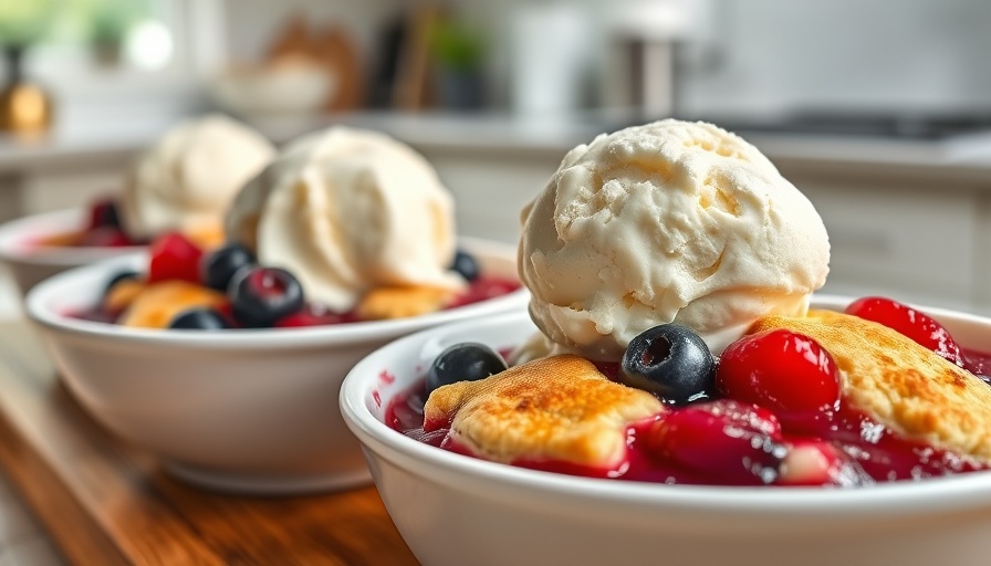 Mixed berry cobbler with lemon-pistachio biscuits and ice cream.