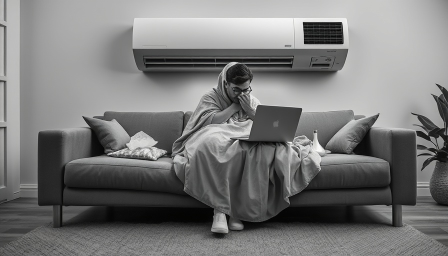 Person on couch over air conditioning unit, feeling unwell.
