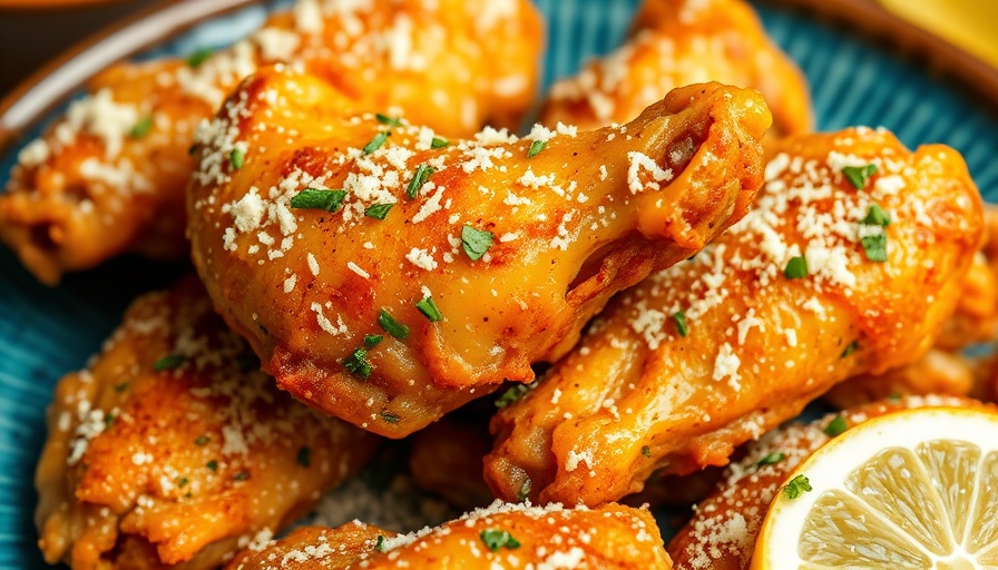 Delicious lemon parmesan chicken wings garnished with herbs and Parmesan.