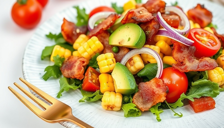 Colorful summer salad with vegetables and bacon for healthy BBQ recipes.