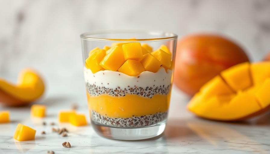 Vegan Mango Coconut Chia Seed Pudding in clear glass on marble.
