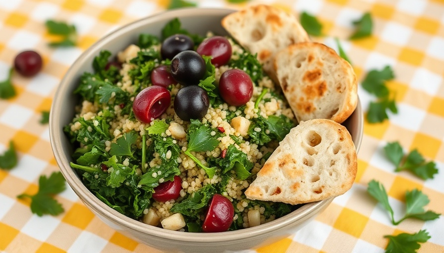 Delicious kale couscous salad with olives on a checkered cloth.