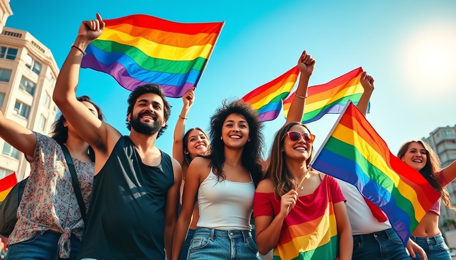 Diverse friends enjoy LGBTQ+ Pride celebration with flags, sunny day.