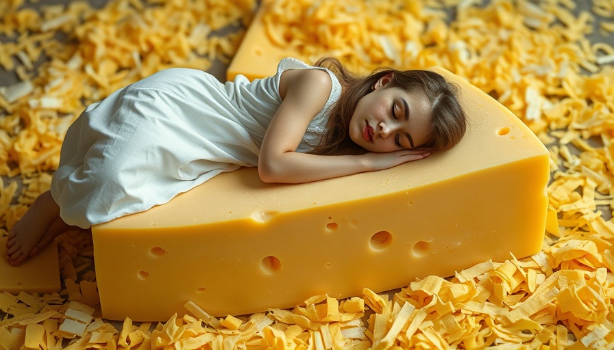 Woman sleeping on a giant cheese slice, surreal scene.