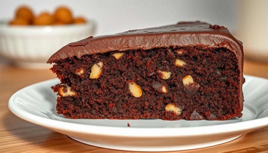Vegan gluten-free German chocolate cake slice on white plate.