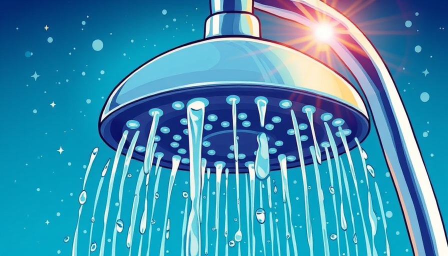Artistic showerhead in cartoon style, water flowing.