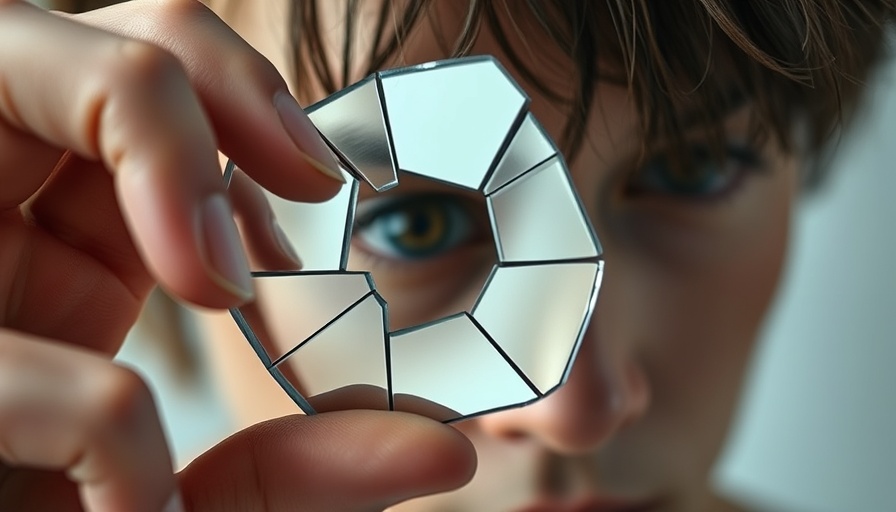 Person holding a broken mirror shard reflecting an eye.