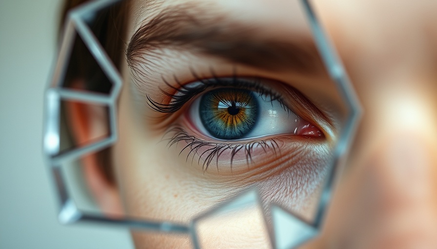 Reflective portrait focusing on an eye through a broken mirror shard.