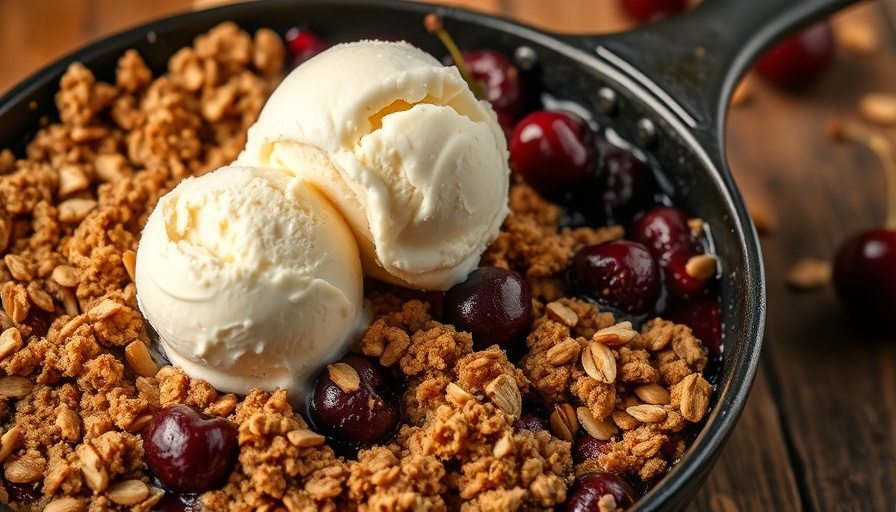 Fresh Cherry Crisp with Almond Oatmeal Crumble in skillet.