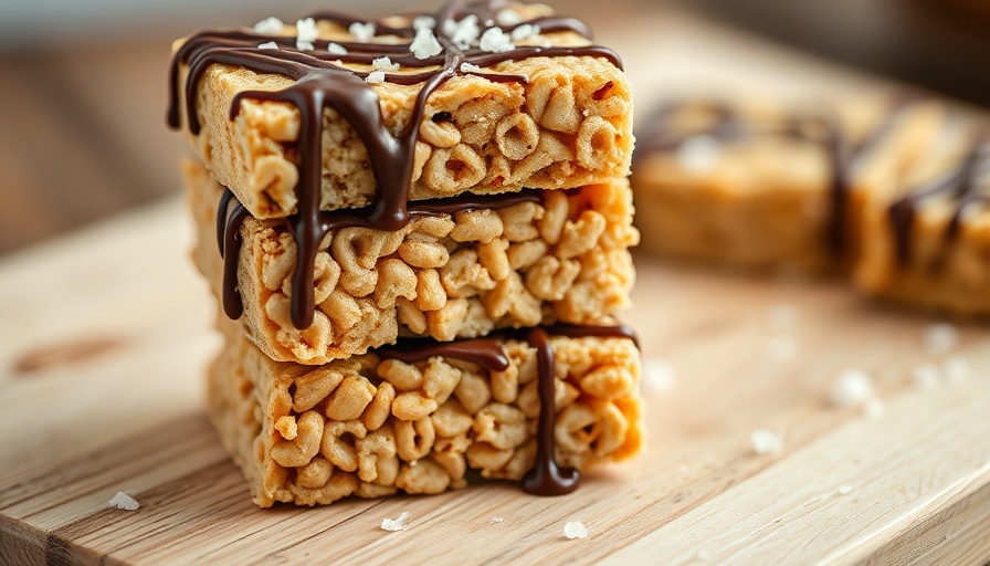 Tasty no bake high protein peanut butter cereal bars on table.