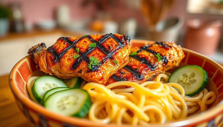 Grilled turmeric lime chicken bowl with noodles and cucumber.