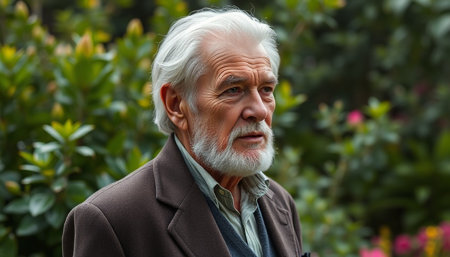 Distinguished older man in garden, contemplative mood, soft lighting.