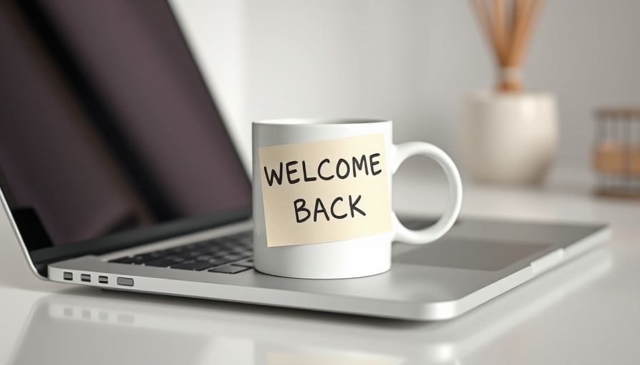 Minimalist office desk with 'Welcome Back' mug and laptop, emphasizing occupational mental health care.
