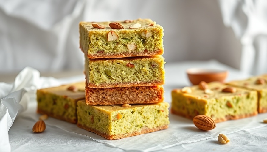 Stacked pistachio matcha almond flour bars on paper with nuts on top.
