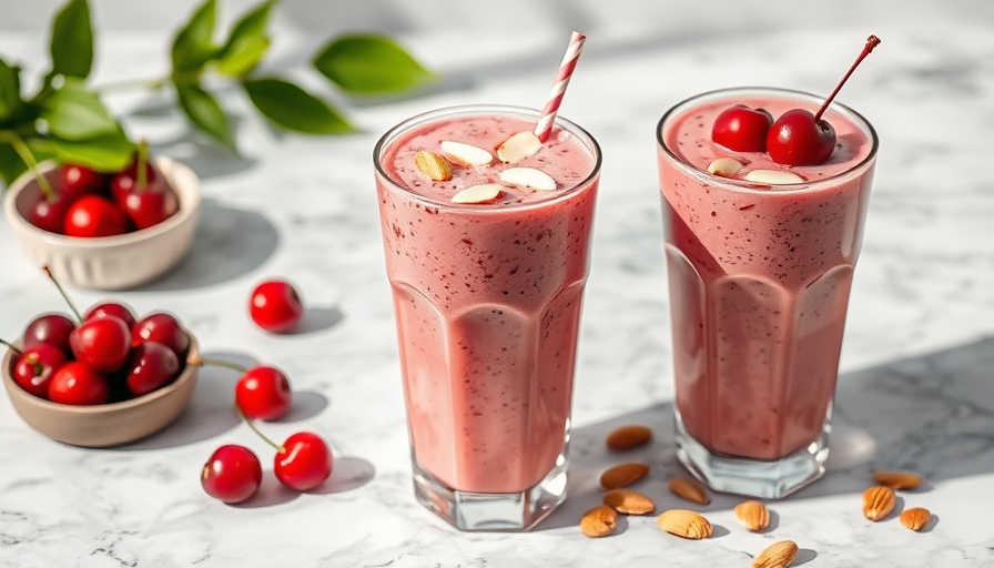 Almond cherry smoothie recipe in glasses with cherry and almond toppings.