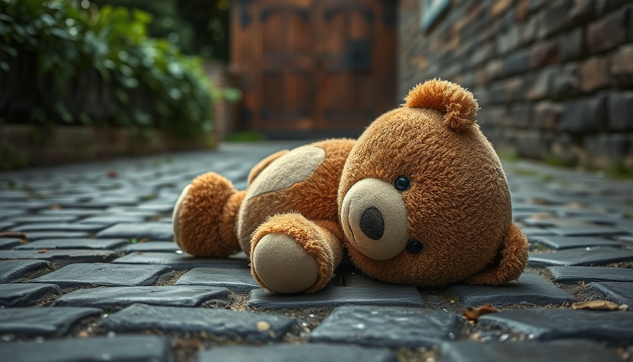 Worn teddy bear on cobblestones symbolizing childhood adversity psychosis risk.