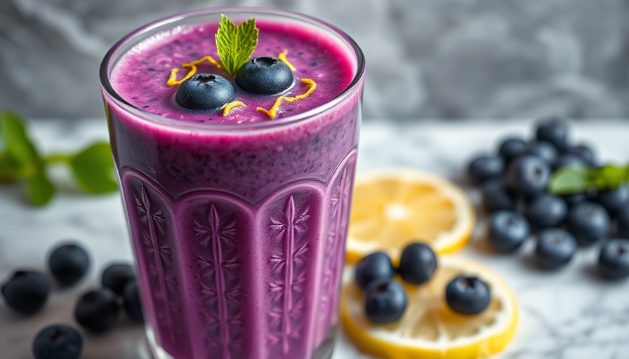 Lemon Blueberry Smoothie in embossed glass with fresh garnishes.