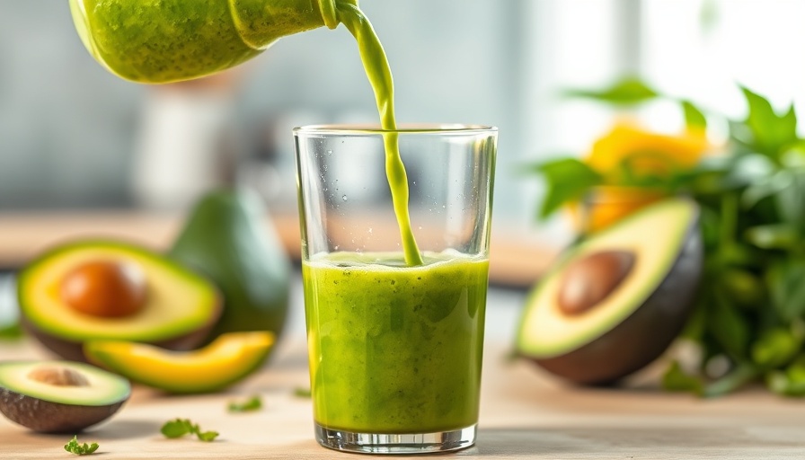 Fresh green smoothie recipe being poured into a glass.