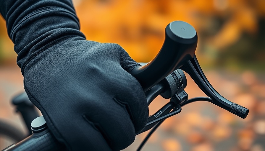 Gloved hand on bicycle brake lever outdoors, brakes stuck