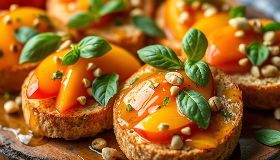 Delicious healthy peach crostini recipe with fresh basil and honey.