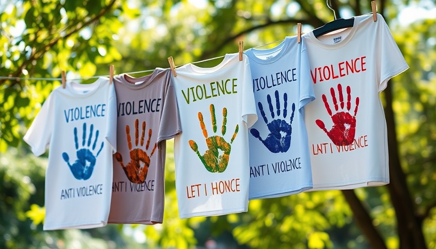 T-shirts with anti-violence messages hanging in a peaceful setting.